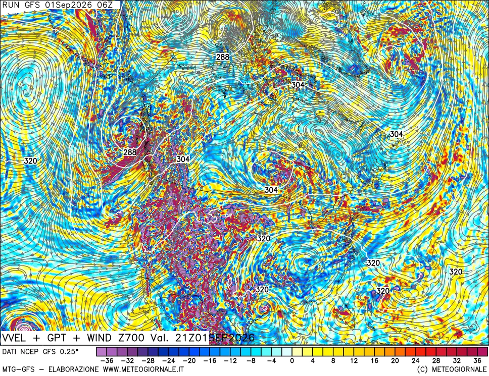 mappa 700 hPa Velocità verticiali + GPT + Vento