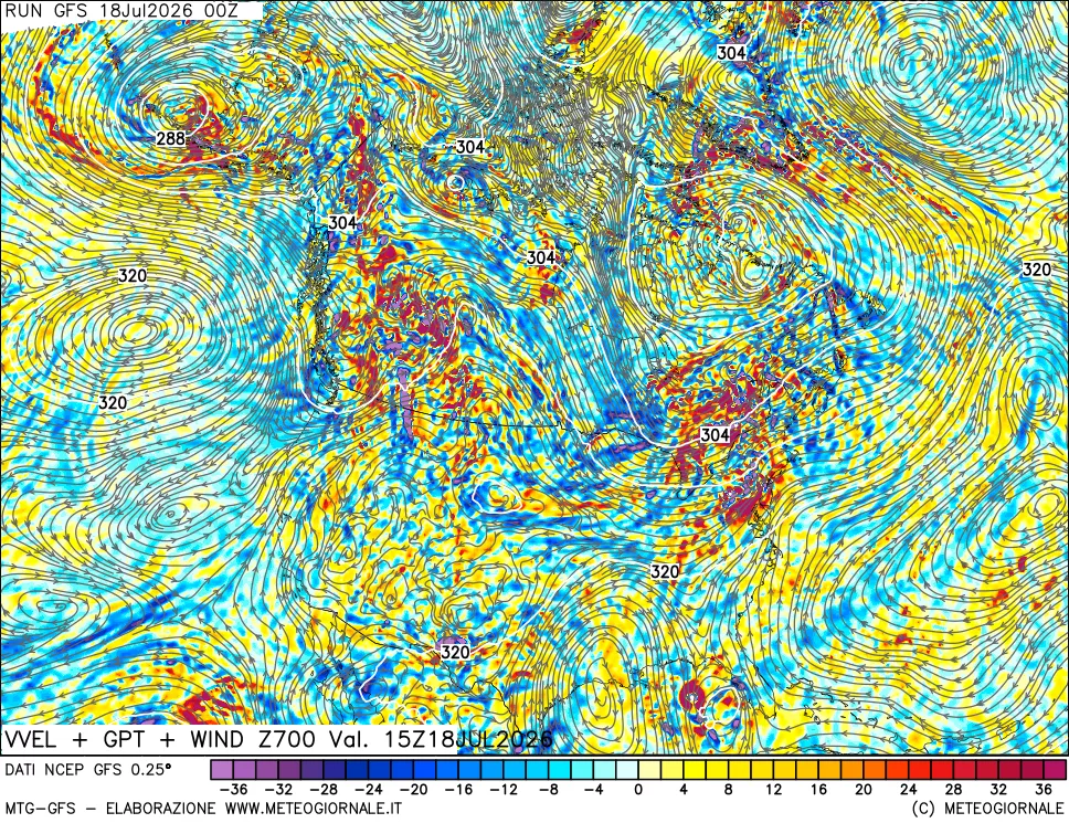 mappa 700 hPa Velocità verticiali + GPT + Vento