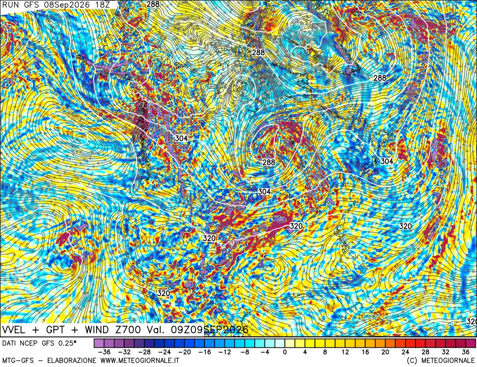 mappa 700 hPa Velocità verticiali + GPT + Vento