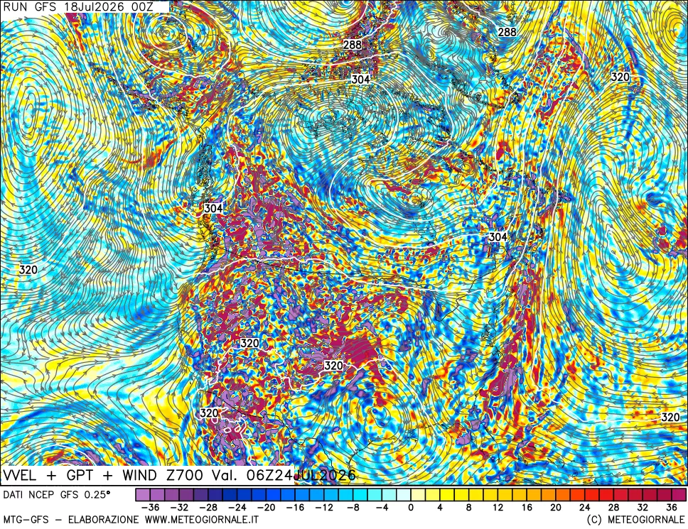 mappa 700 hPa Velocità verticiali + GPT + Vento