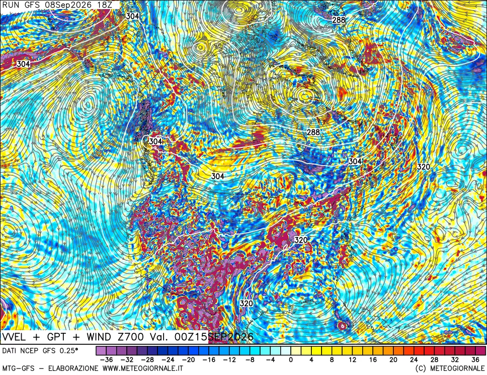 mappa 700 hPa Velocità verticiali + GPT + Vento