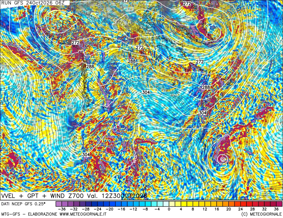 mappa 700 hPa Velocità verticiali + GPT + Vento
