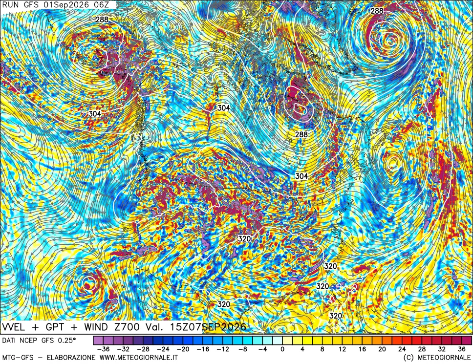 mappa 700 hPa Velocità verticiali + GPT + Vento