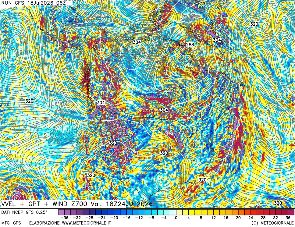 mappa 700 hPa Velocità verticiali + GPT + Vento