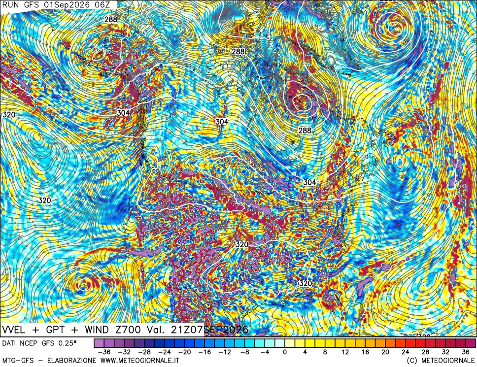 mappa 700 hPa Velocità verticiali + GPT + Vento