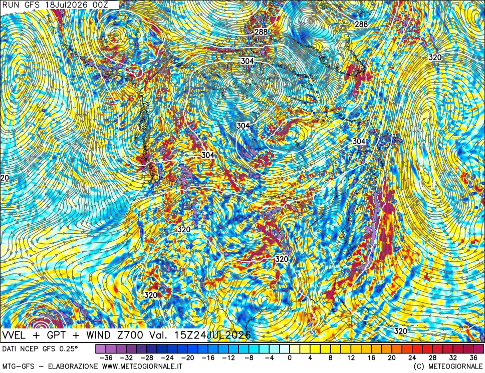mappa 700 hPa Velocità verticiali + GPT + Vento