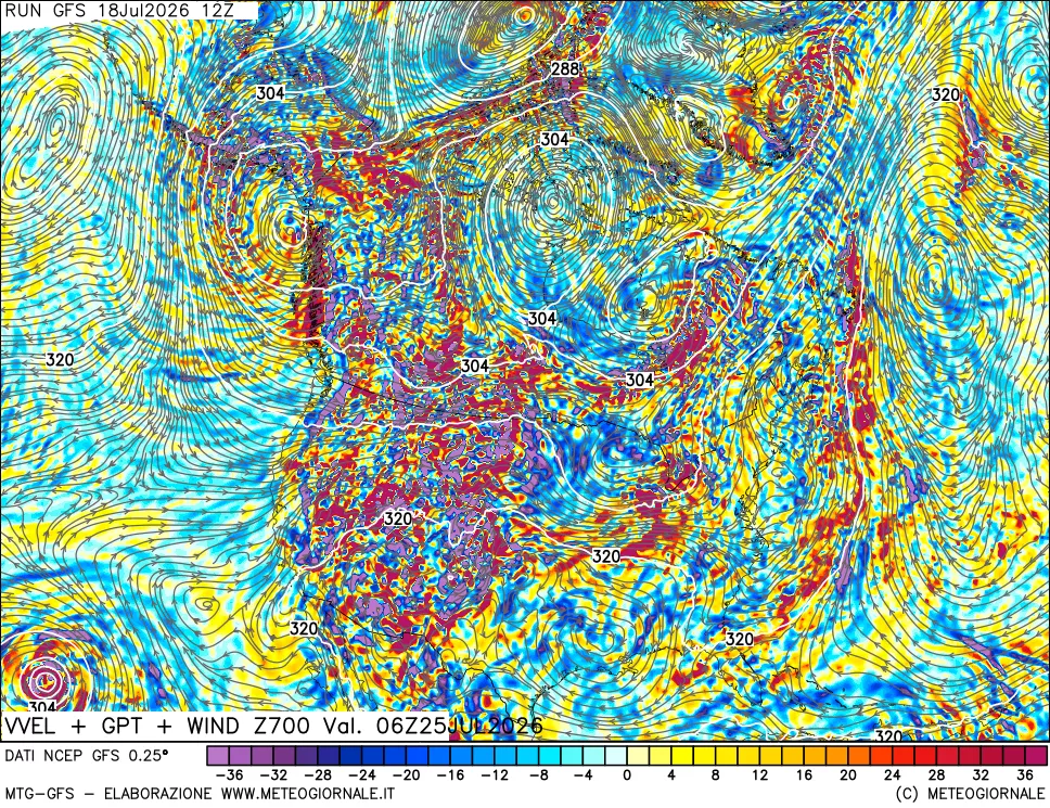 mappa 700 hPa Velocità verticiali + GPT + Vento