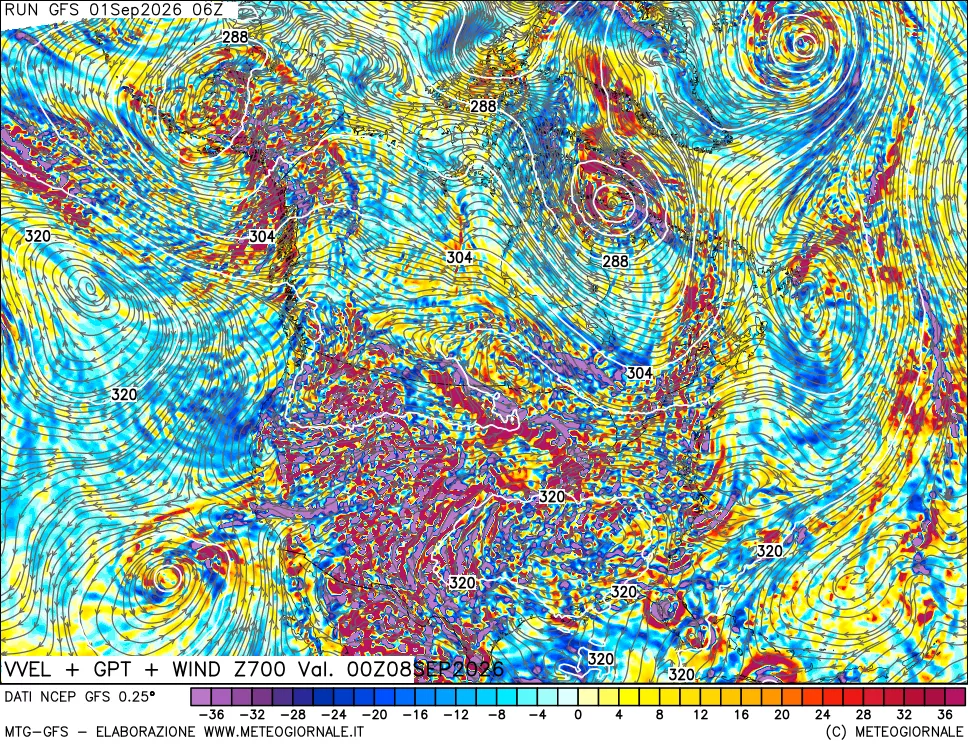 mappa 700 hPa Velocità verticiali + GPT + Vento