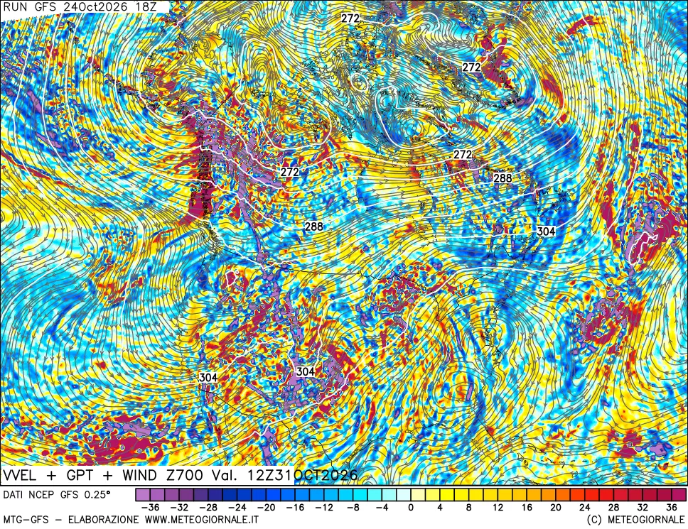 mappa 700 hPa Velocità verticiali + GPT + Vento