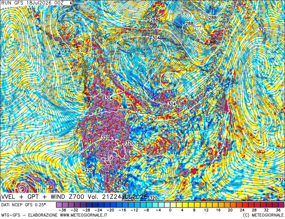 mappa 700 hPa Velocità verticiali + GPT + Vento