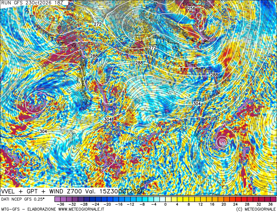 mappa 700 hPa Velocità verticiali + GPT + Vento