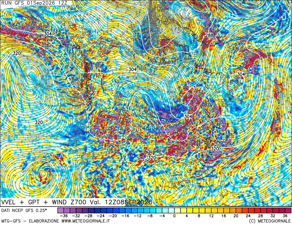 mappa 700 hPa Velocità verticiali + GPT + Vento