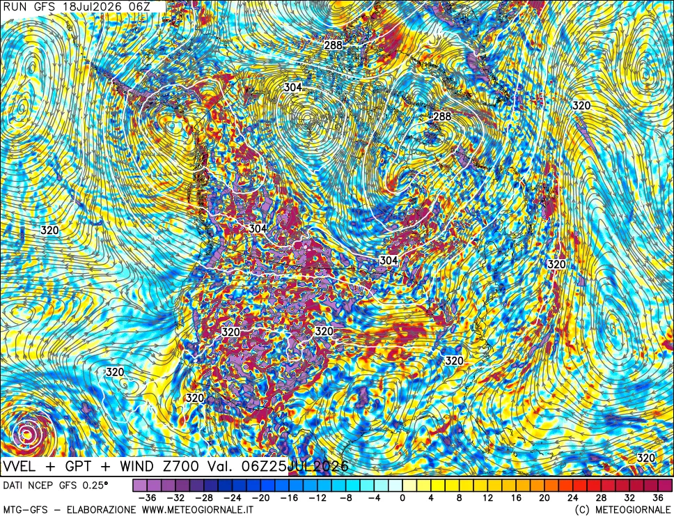 mappa 700 hPa Velocità verticiali + GPT + Vento