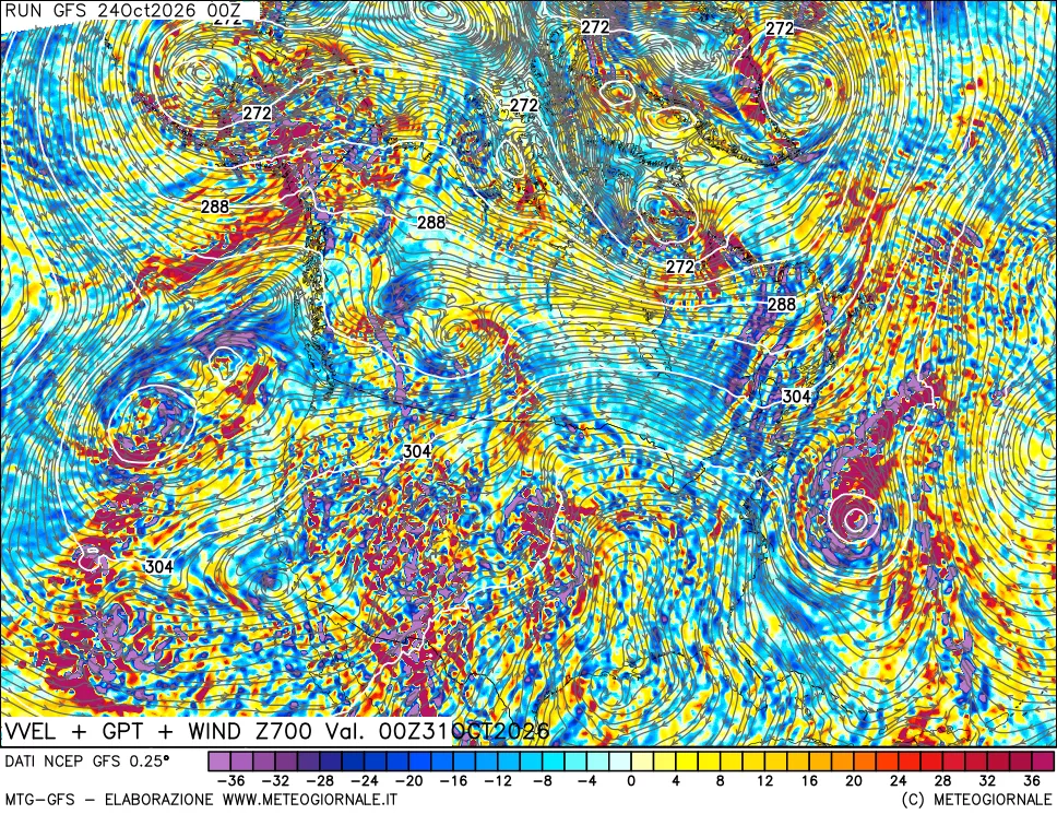 mappa 700 hPa Velocità verticiali + GPT + Vento