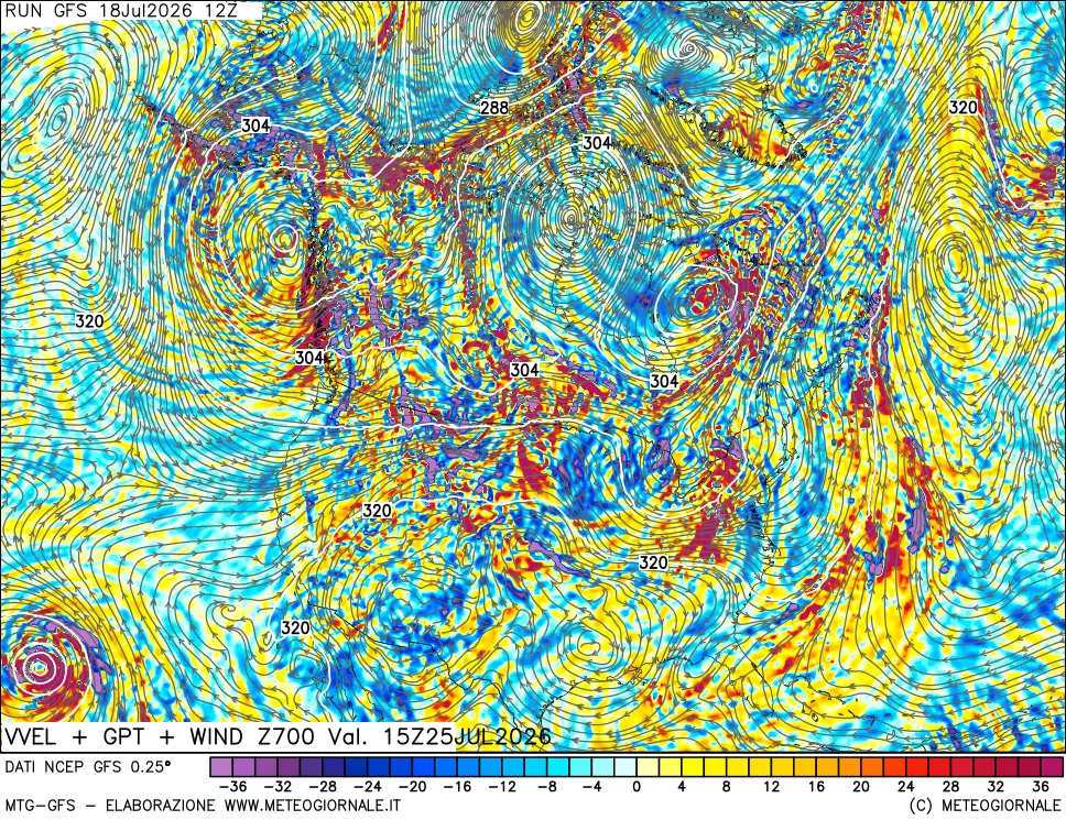 mappa 700 hPa Velocità verticiali + GPT + Vento