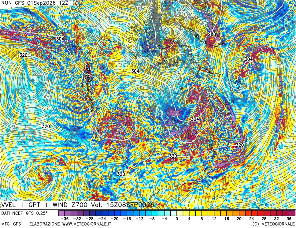 mappa 700 hPa Velocità verticiali + GPT + Vento