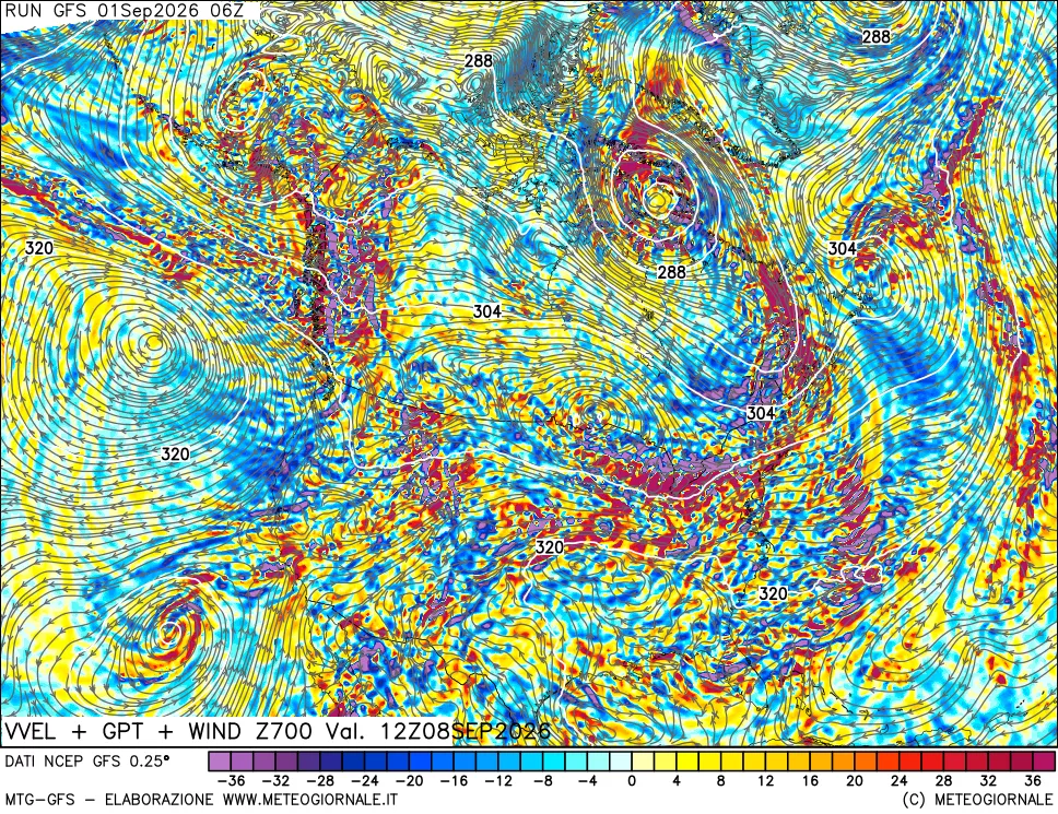 mappa 700 hPa Velocità verticiali + GPT + Vento