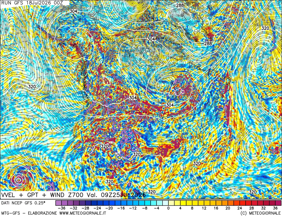 mappa 700 hPa Velocità verticiali + GPT + Vento