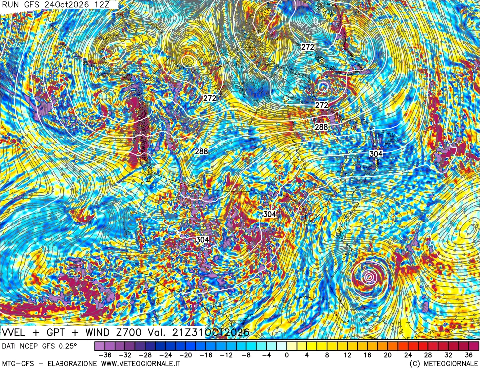 mappa 700 hPa Velocità verticiali + GPT + Vento