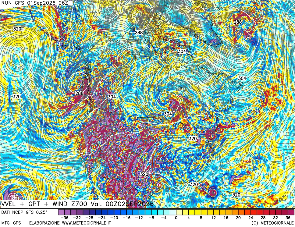mappa 700 hPa Velocità verticiali + GPT + Vento
