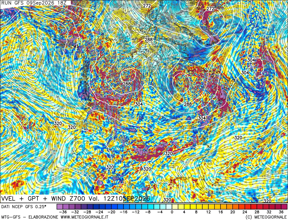 mappa 700 hPa Velocità verticiali + GPT + Vento