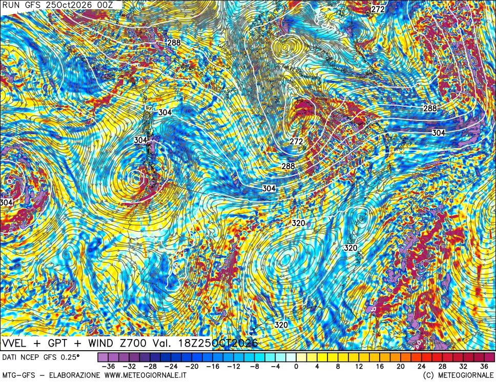 mappa 700 hPa Velocità verticiali + GPT + Vento