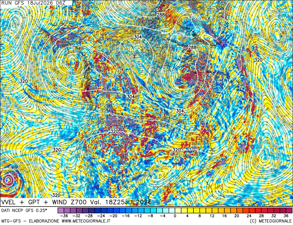 mappa 700 hPa Velocità verticiali + GPT + Vento