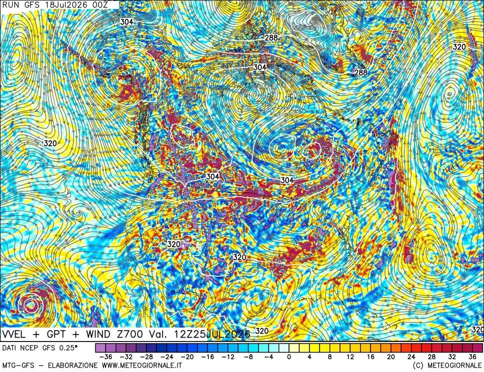 mappa 700 hPa Velocità verticiali + GPT + Vento