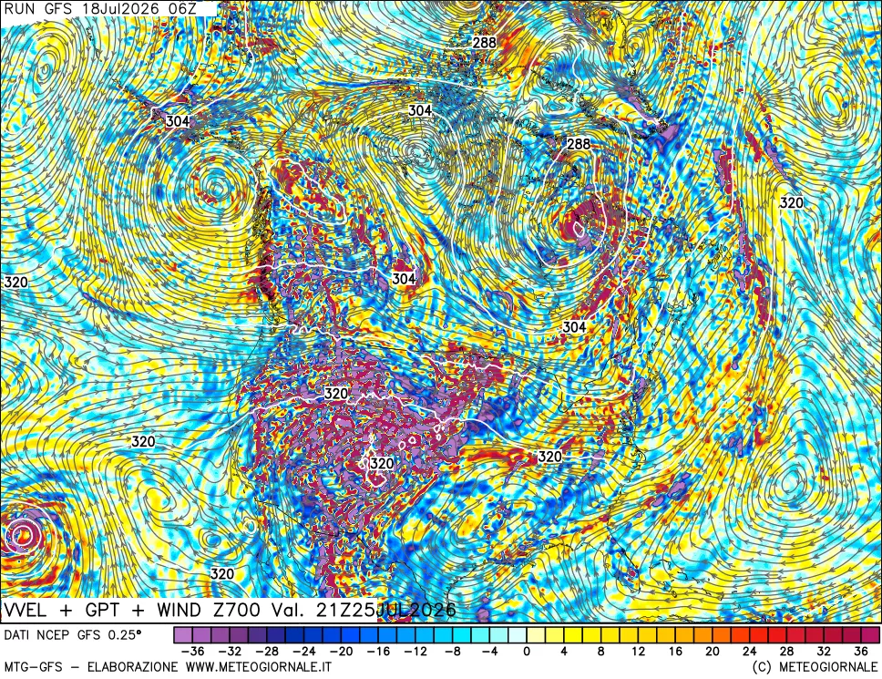 mappa 700 hPa Velocità verticiali + GPT + Vento