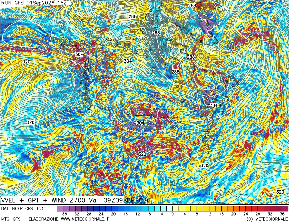 mappa 700 hPa Velocità verticiali + GPT + Vento