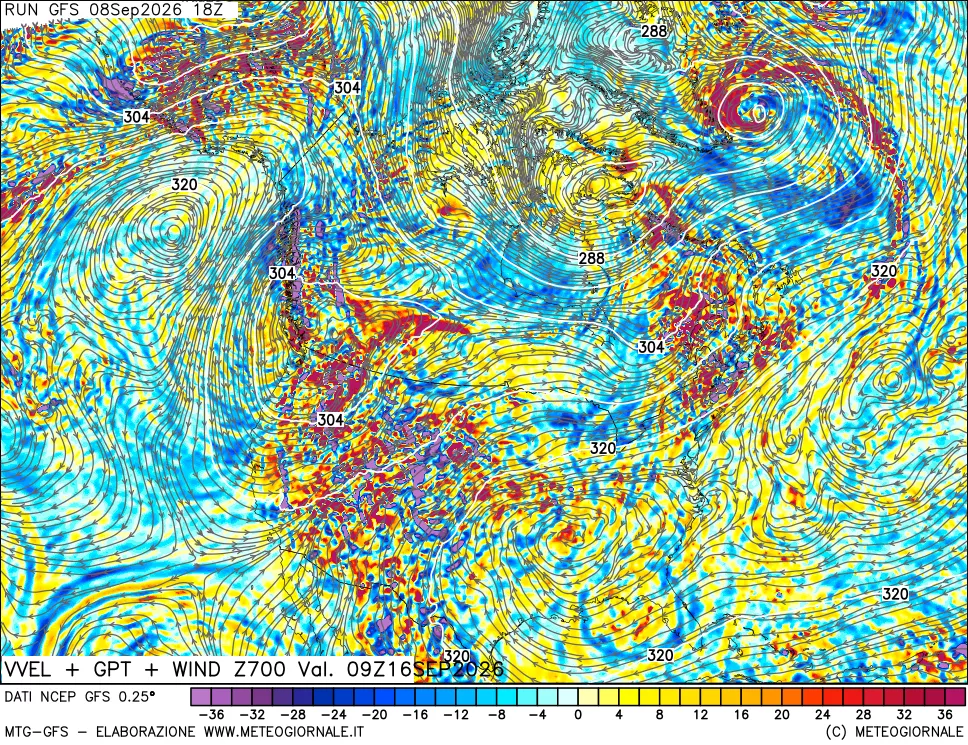 mappa 700 hPa Velocità verticiali + GPT + Vento