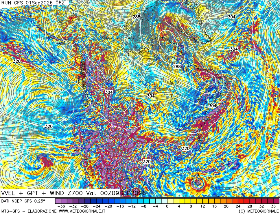 mappa 700 hPa Velocità verticiali + GPT + Vento