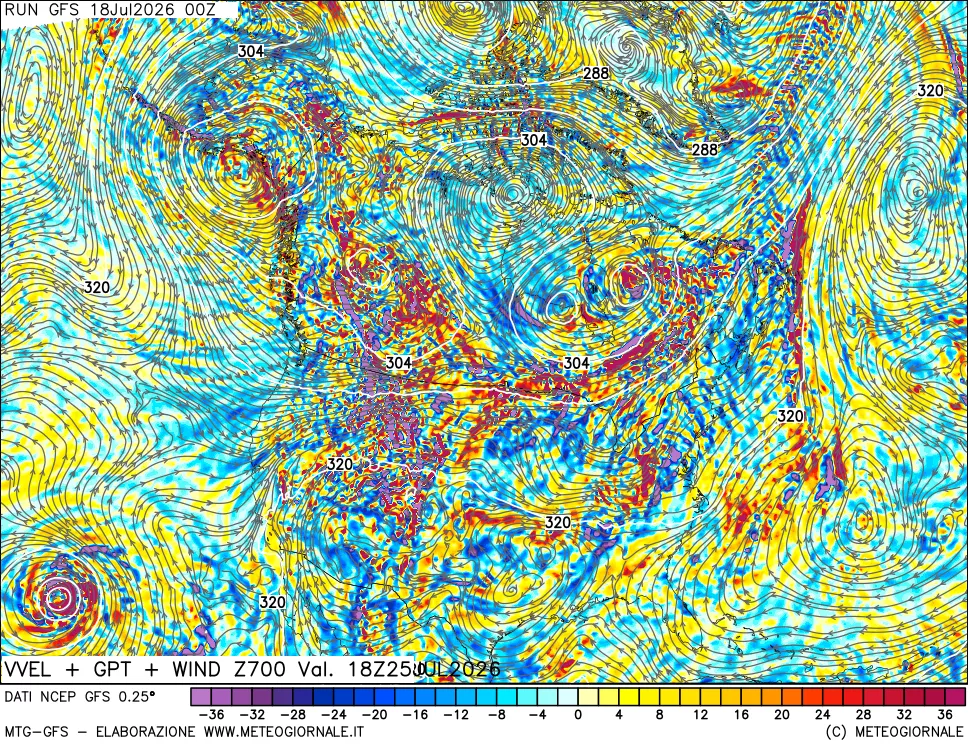 mappa 700 hPa Velocità verticiali + GPT + Vento