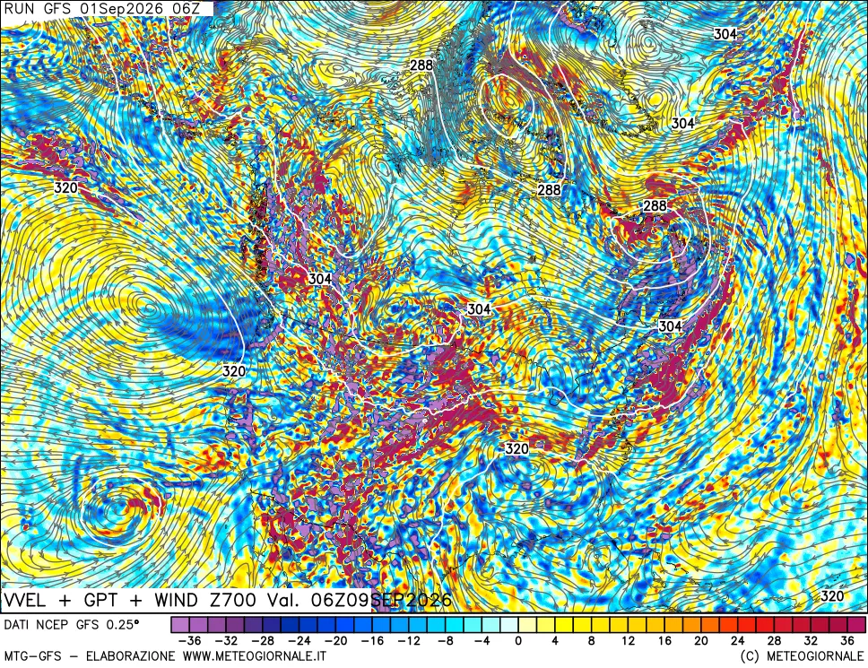 mappa 700 hPa Velocità verticiali + GPT + Vento