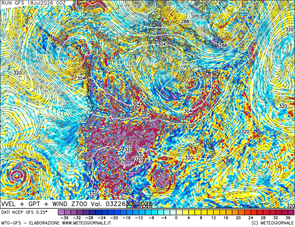 mappa 700 hPa Velocità verticiali + GPT + Vento