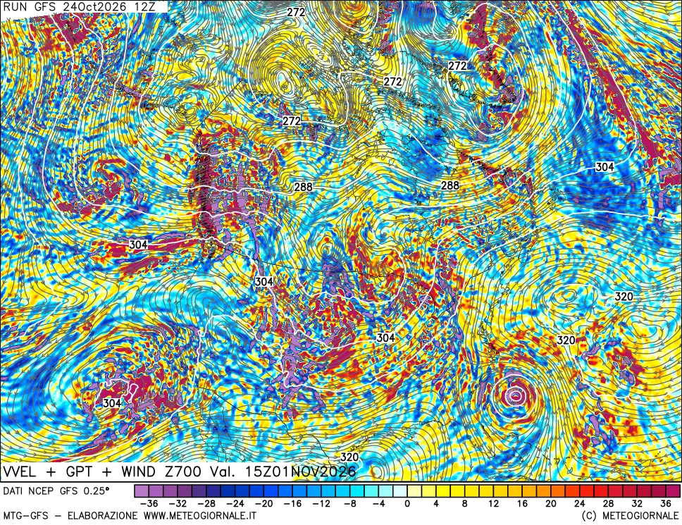 mappa 700 hPa Velocità verticiali + GPT + Vento