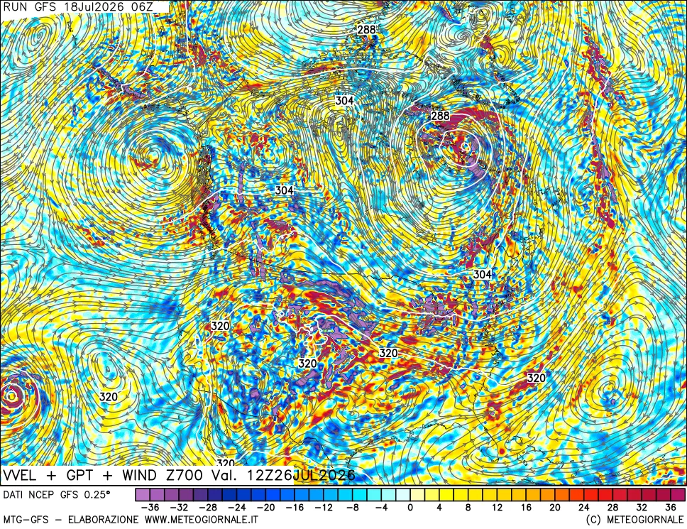 mappa 700 hPa Velocità verticiali + GPT + Vento