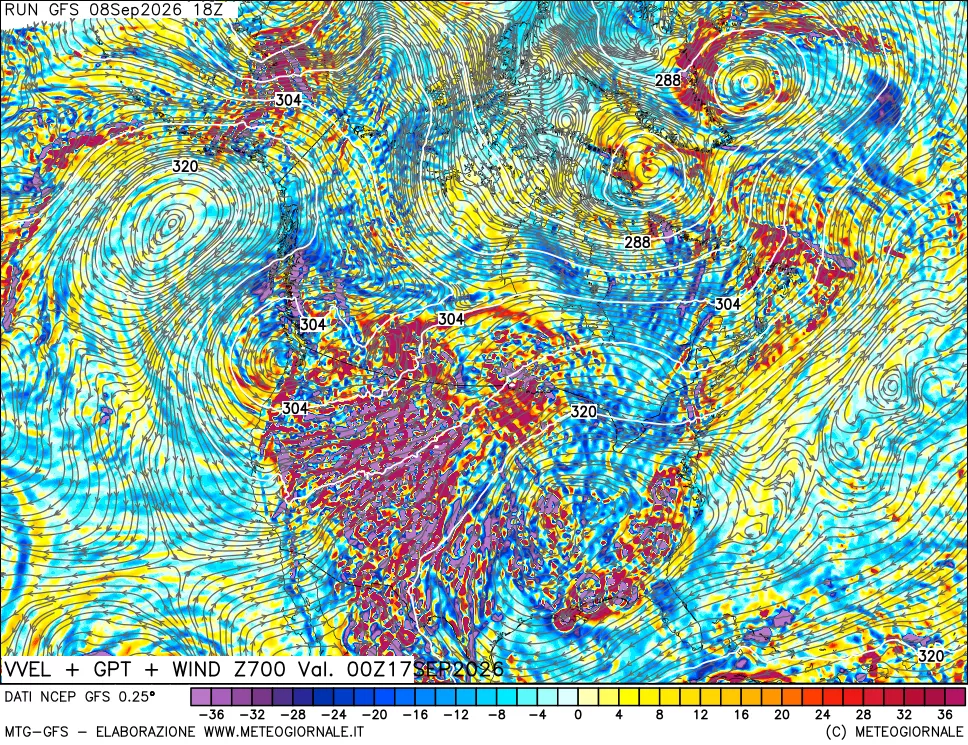 mappa 700 hPa Velocità verticiali + GPT + Vento