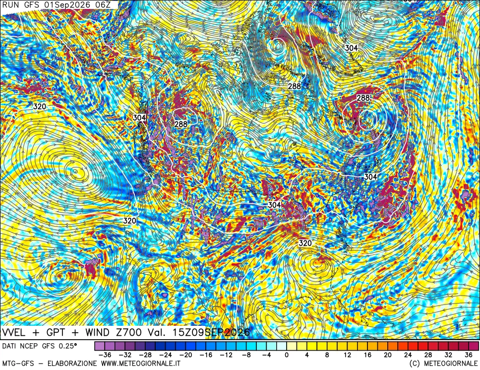 mappa 700 hPa Velocità verticiali + GPT + Vento