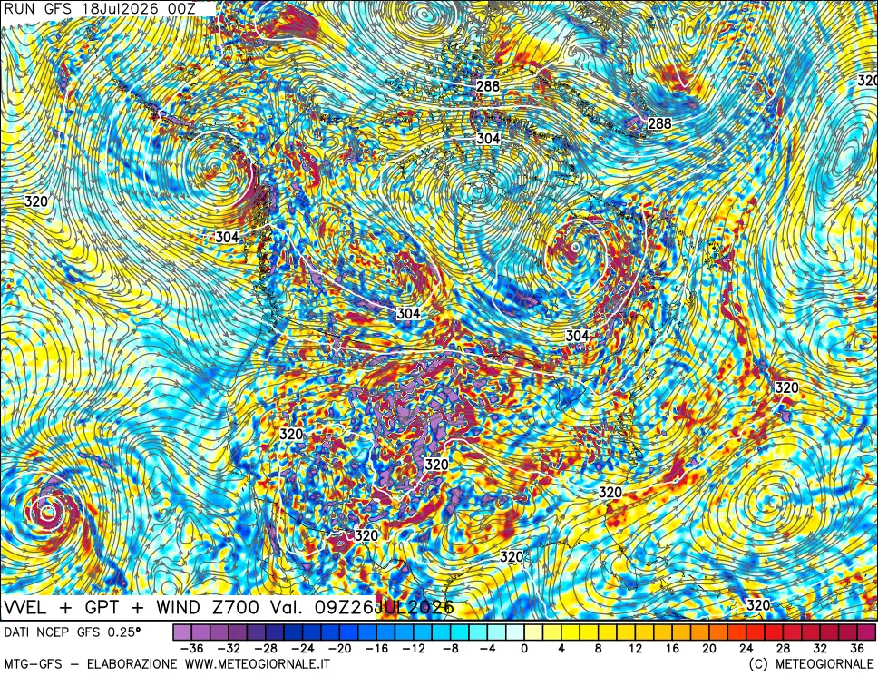 mappa 700 hPa Velocità verticiali + GPT + Vento