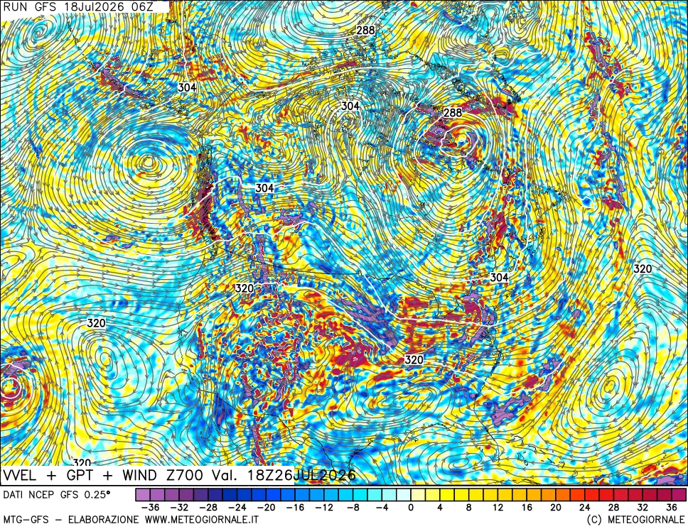 mappa 700 hPa Velocità verticiali + GPT + Vento