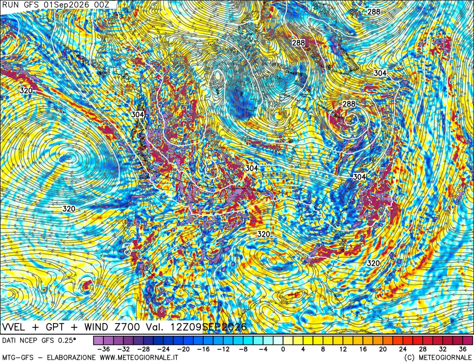 mappa 700 hPa Velocità verticiali + GPT + Vento