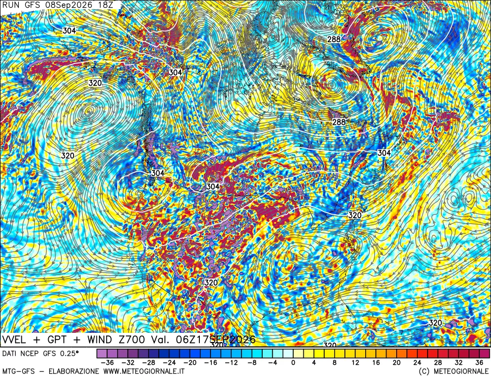 mappa 700 hPa Velocità verticiali + GPT + Vento