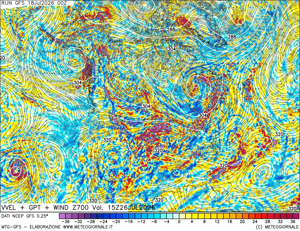 mappa 700 hPa Velocità verticiali + GPT + Vento
