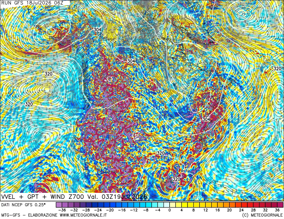mappa 700 hPa Velocità verticiali + GPT + Vento