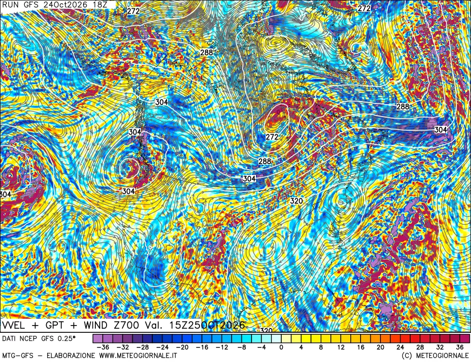 mappa 700 hPa Velocità verticiali + GPT + Vento