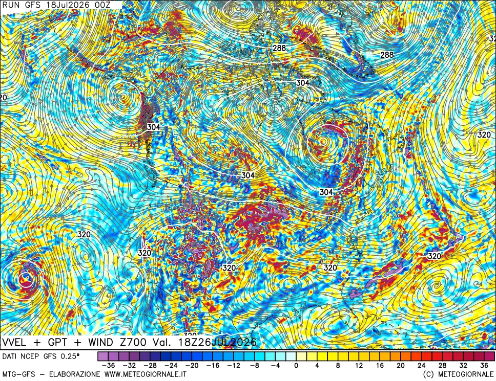 mappa 700 hPa Velocità verticiali + GPT + Vento