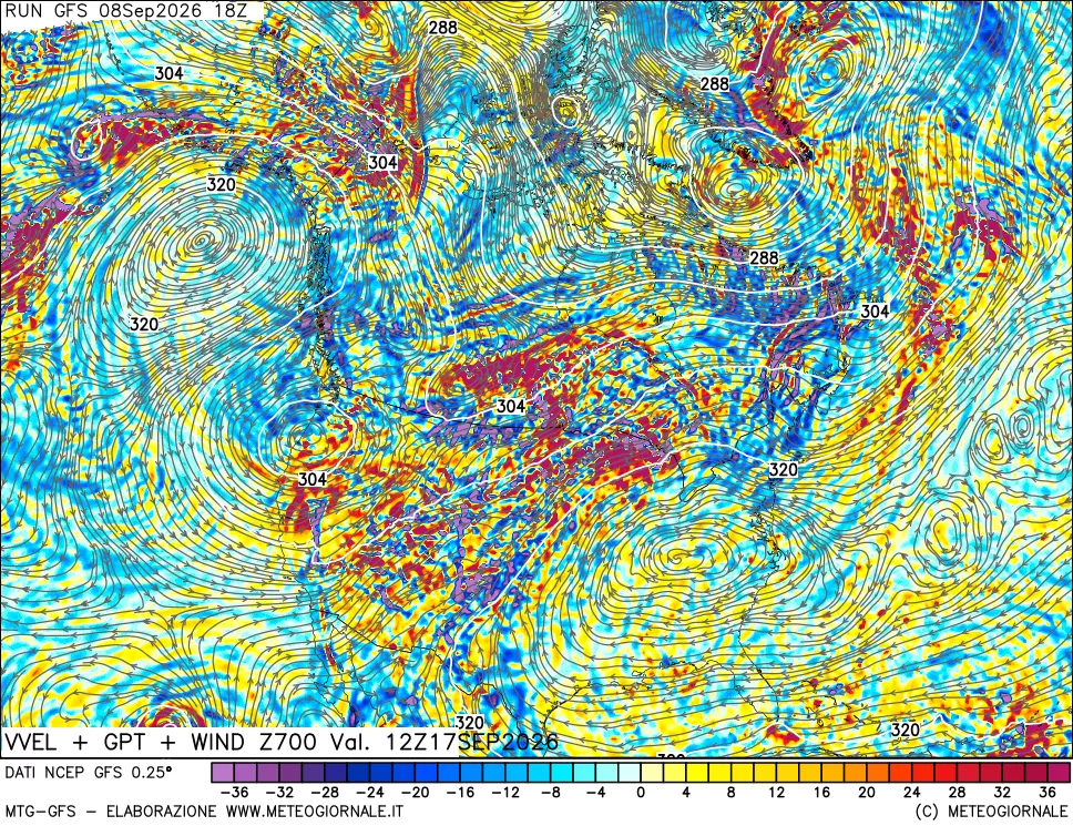mappa 700 hPa Velocità verticiali + GPT + Vento