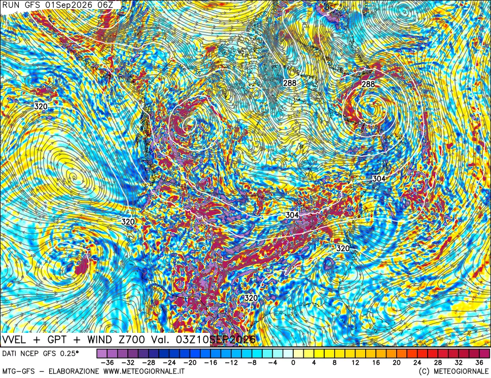 mappa 700 hPa Velocità verticiali + GPT + Vento