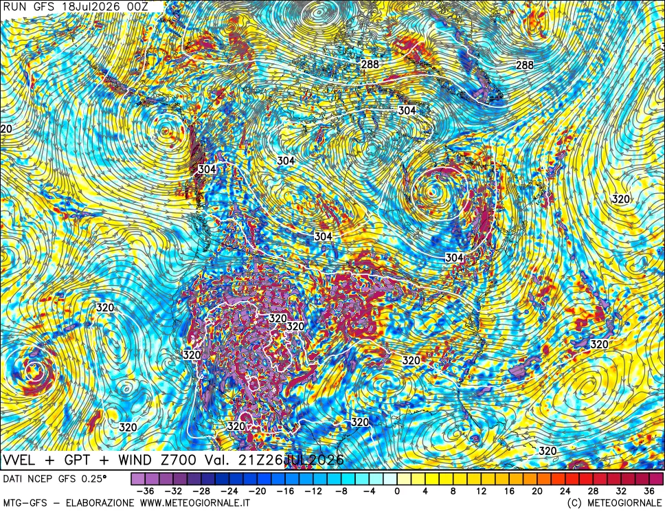 mappa 700 hPa Velocità verticiali + GPT + Vento